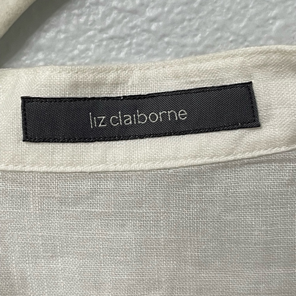 Liz Claiborne Linen Button Down Embroidered Cream Blouse Size M - Picture 6 of 11
